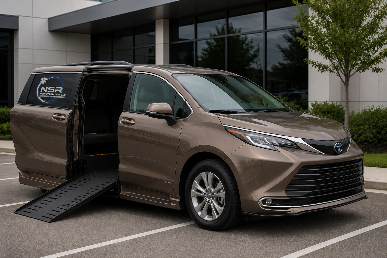 A beige Toyota minivan with a wheelchair ramp extended on the driver's side, parked in an outdoor lot in front of a modern office building with glass windows and greenery.