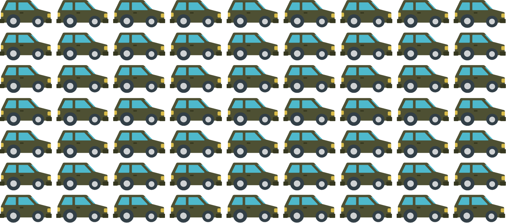 A repeating pattern of cartoon-style cars with blue windows, black wheels, and beige details on an olive green body.