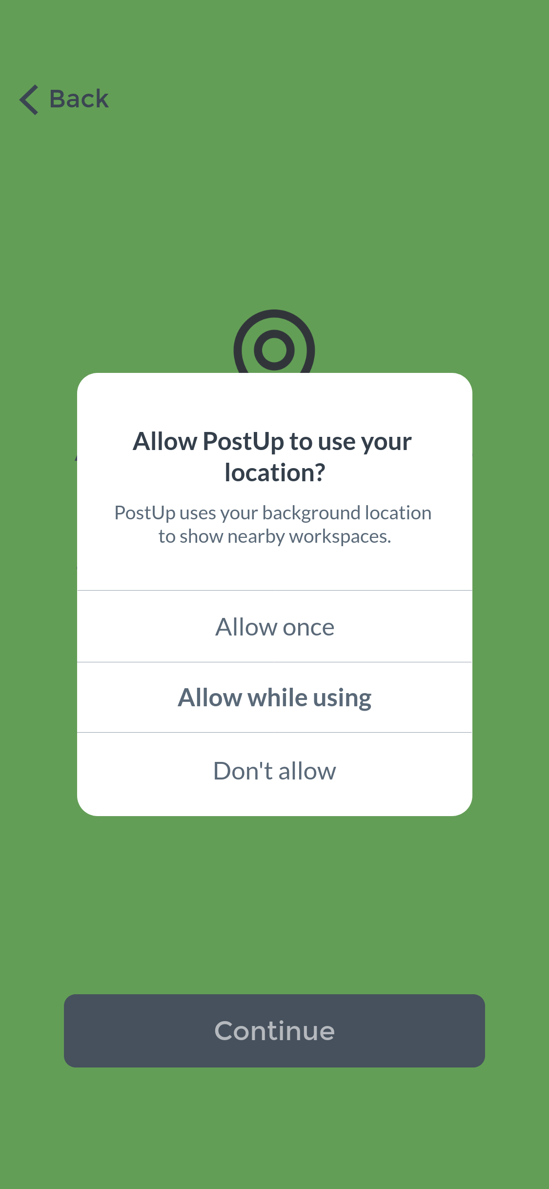 System prompt asking to allow PostUp to use your location.