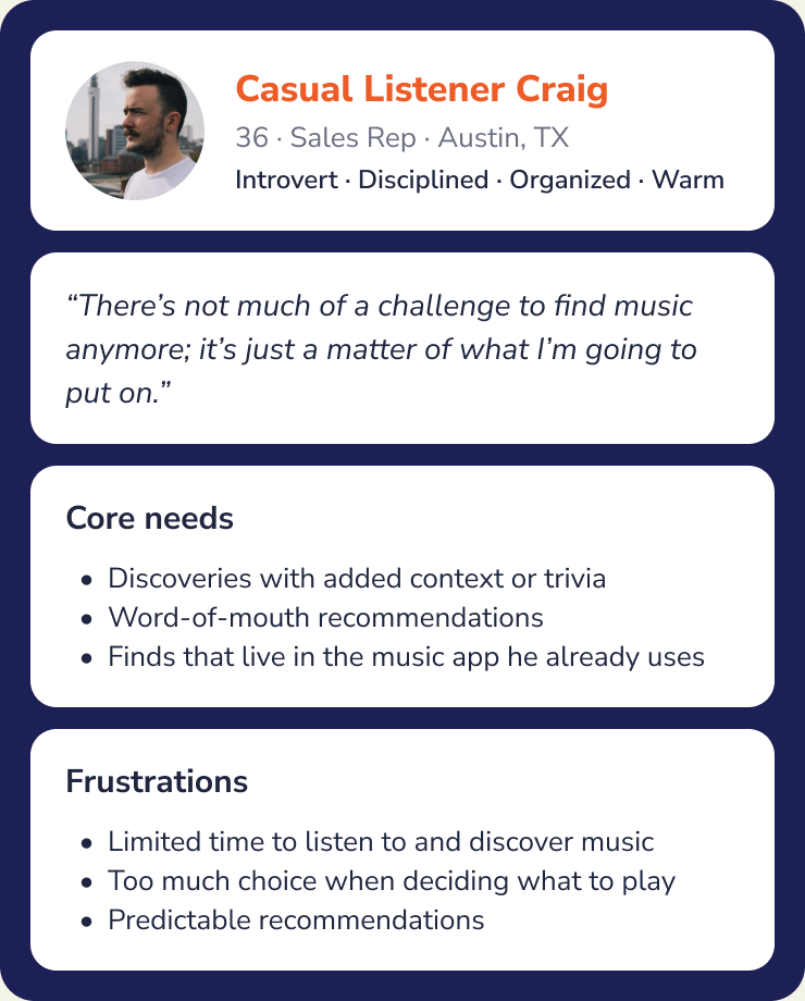 Persona: Casual Listener Craig, 36, sales rep in Austin. Wants discovery with context and word-of-mouth picks, and is short on time with too much choice.