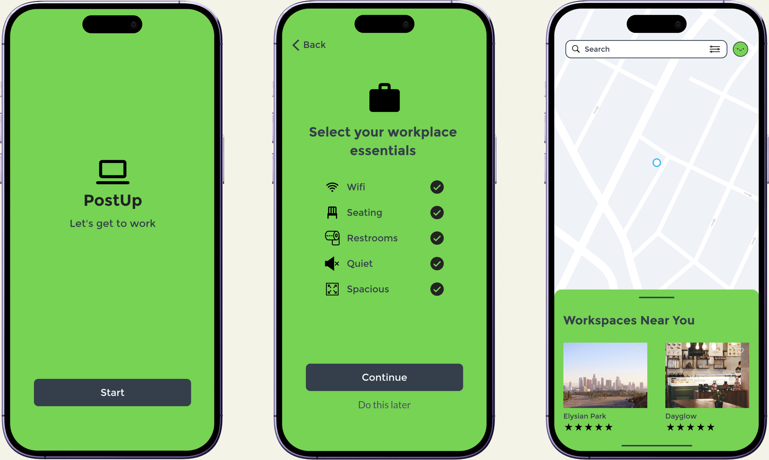 Three PostUp app screens: the start screen, the essentials checklist, and the workspace map.