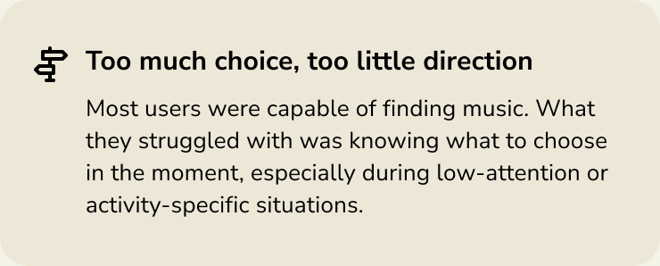 Insight card: Too much choice, too little direction. Users could find music but struggled to choose in the moment.