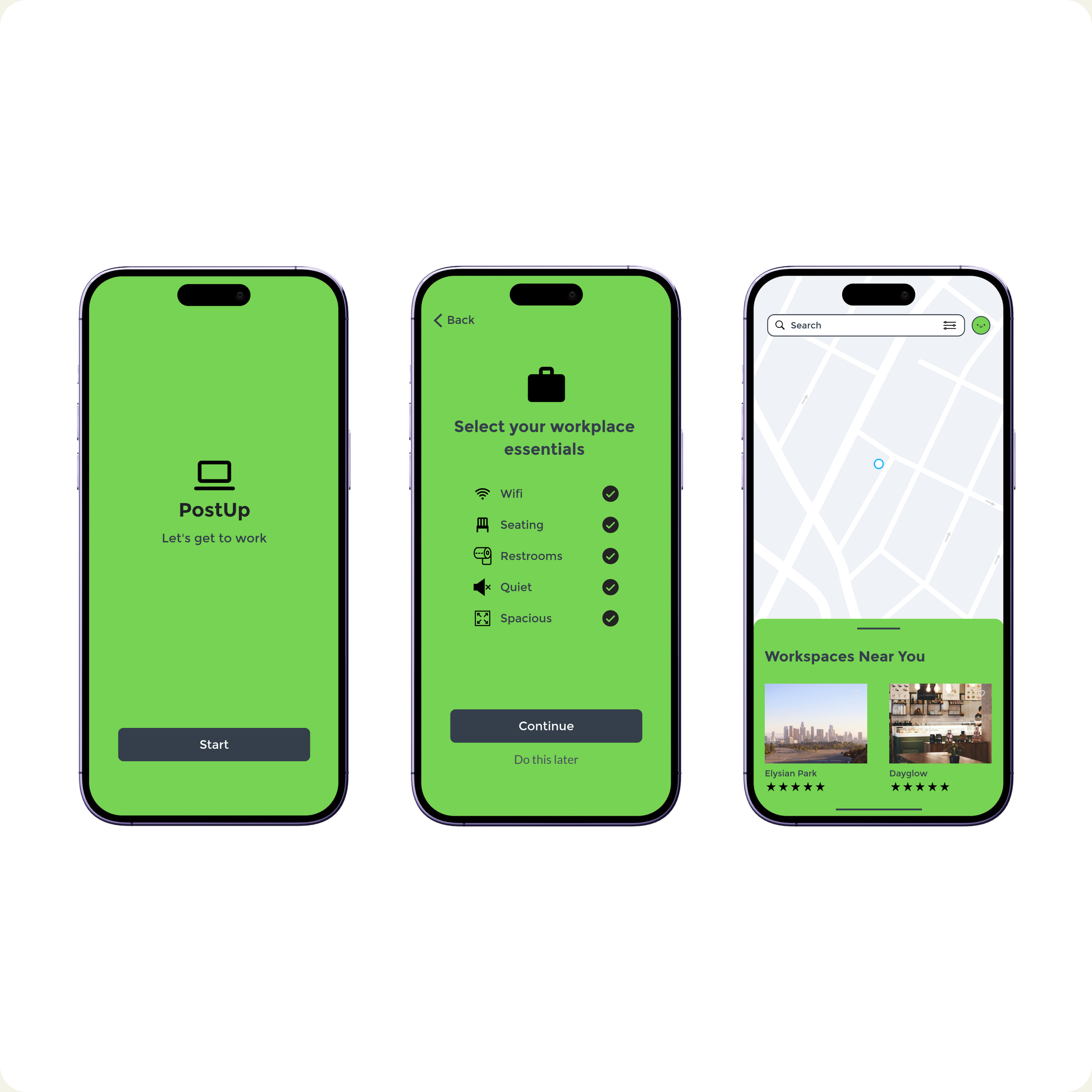 PostUp case study: three app screens showing the start screen, the essentials checklist, and the workspace map.
