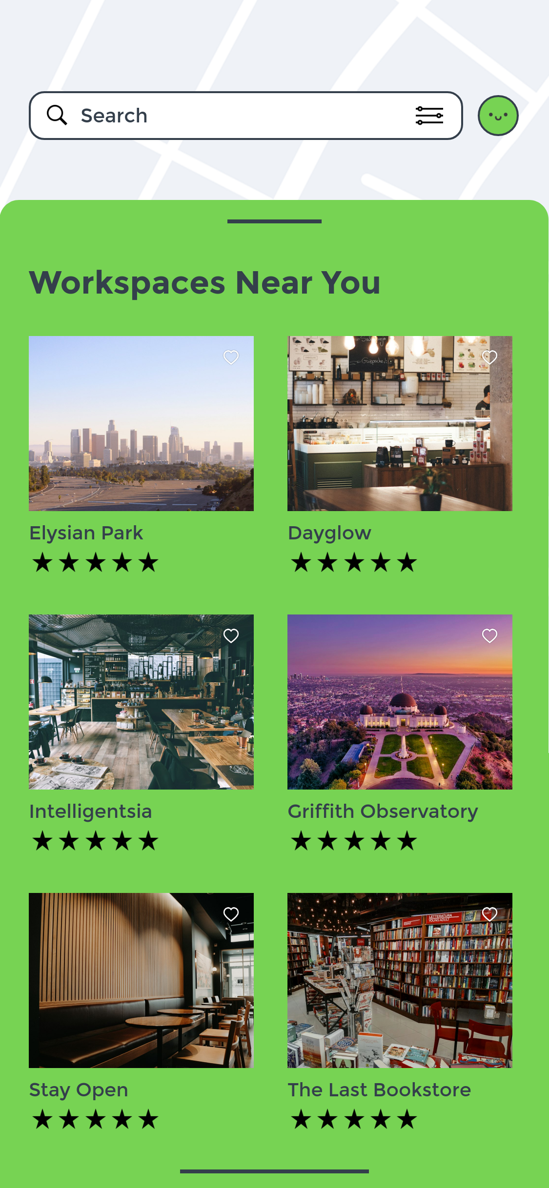 List of nearby workspaces with photos, ratings, and favorites for comparison.