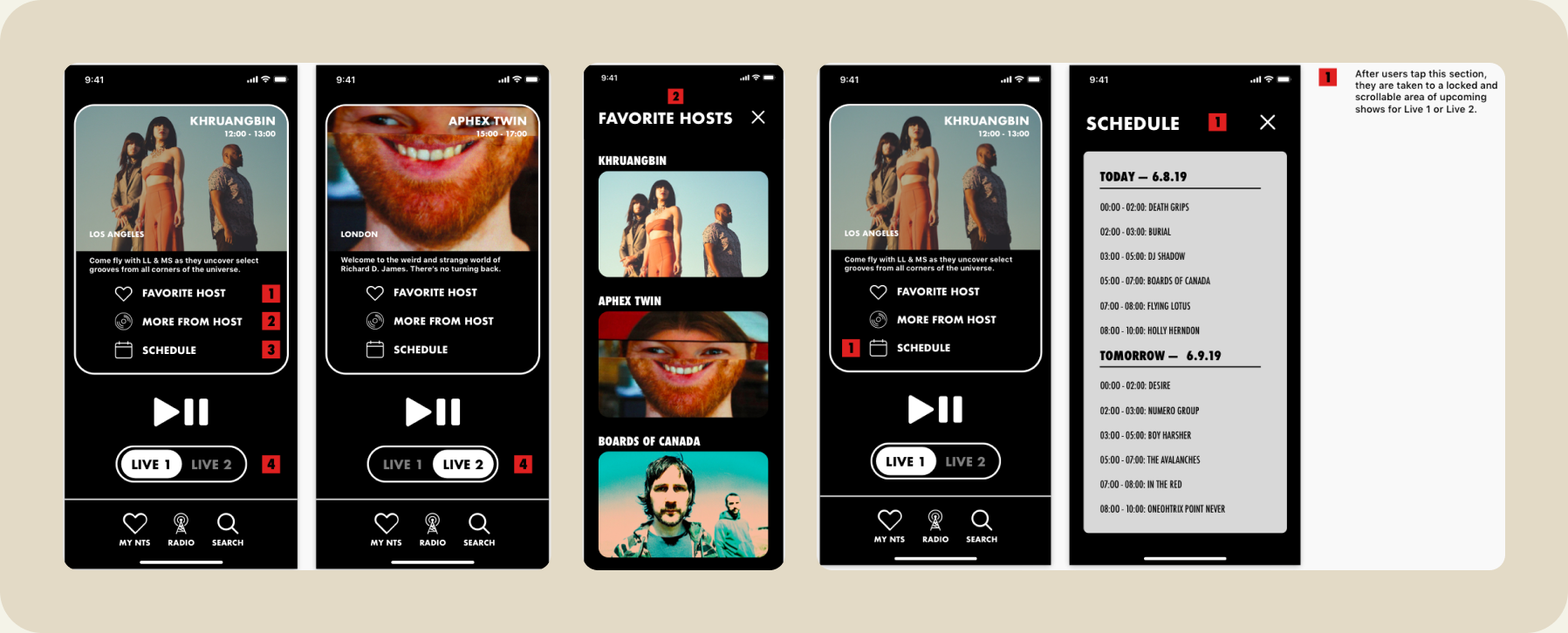 NTS Radio prototype screens: live radio player with favorite host and schedule options, a favorite hosts list, and the weekly show schedule.