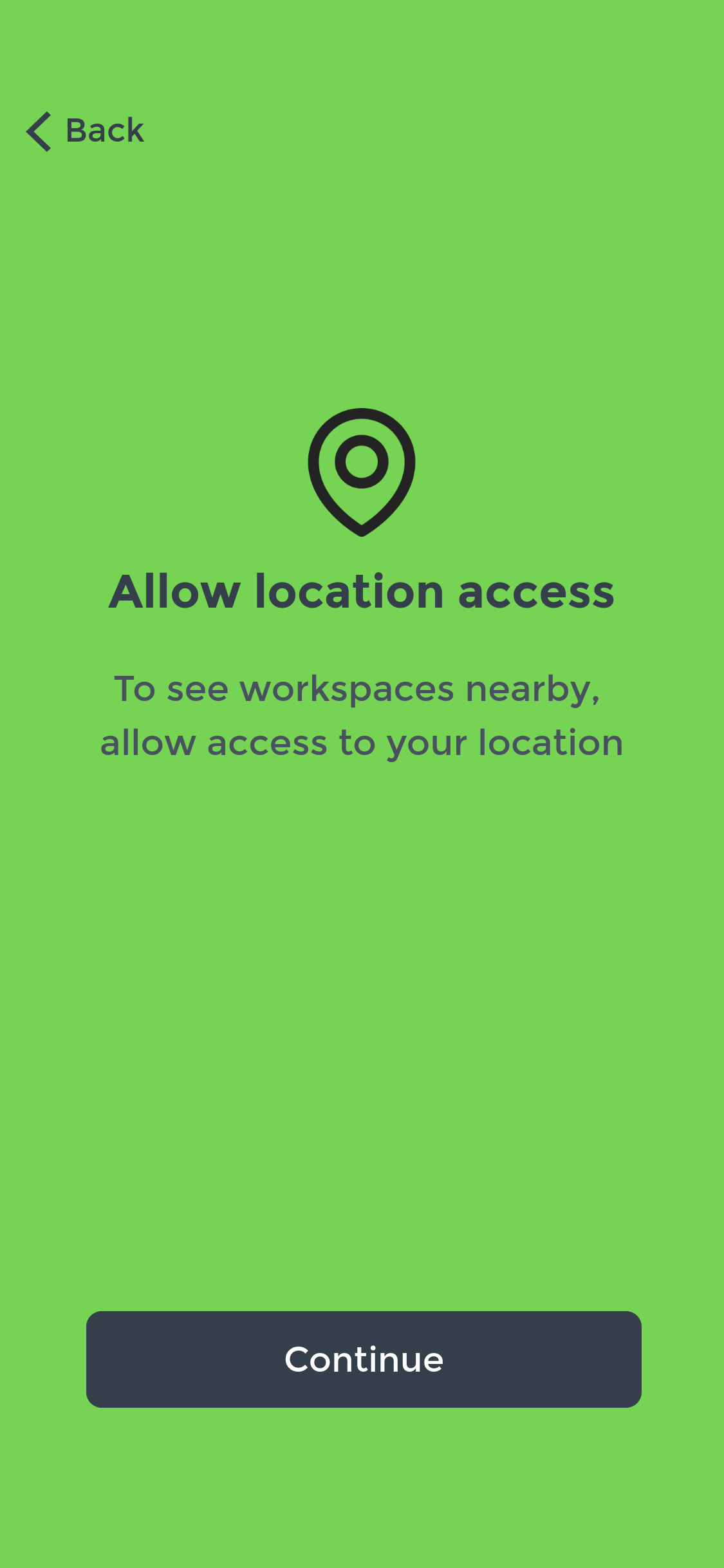 Screen explaining why PostUp needs your location, with a Continue button.