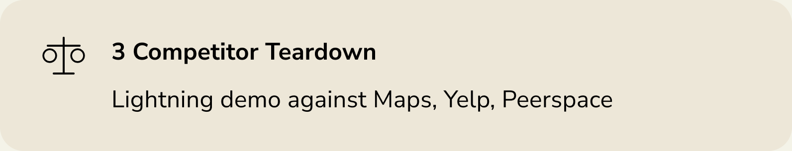 3 Competitor Teardown: lightning demo against Maps, Yelp, and Peerspace.