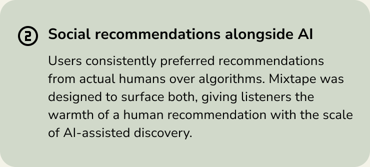 Design decision card: Social recommendations alongside AI, pairing human warmth with AI-assisted scale.