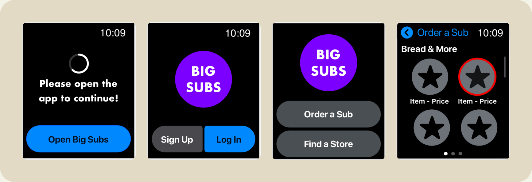 Big Subs Apple Watch wireframes: open-the-app prompt, sign up and log in, order a sub or find a store, and a menu of items by category.