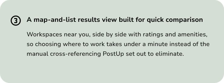Decision 3: A map-and-list results view built for quick comparison of nearby workspaces, with ratings and amenities side by side.