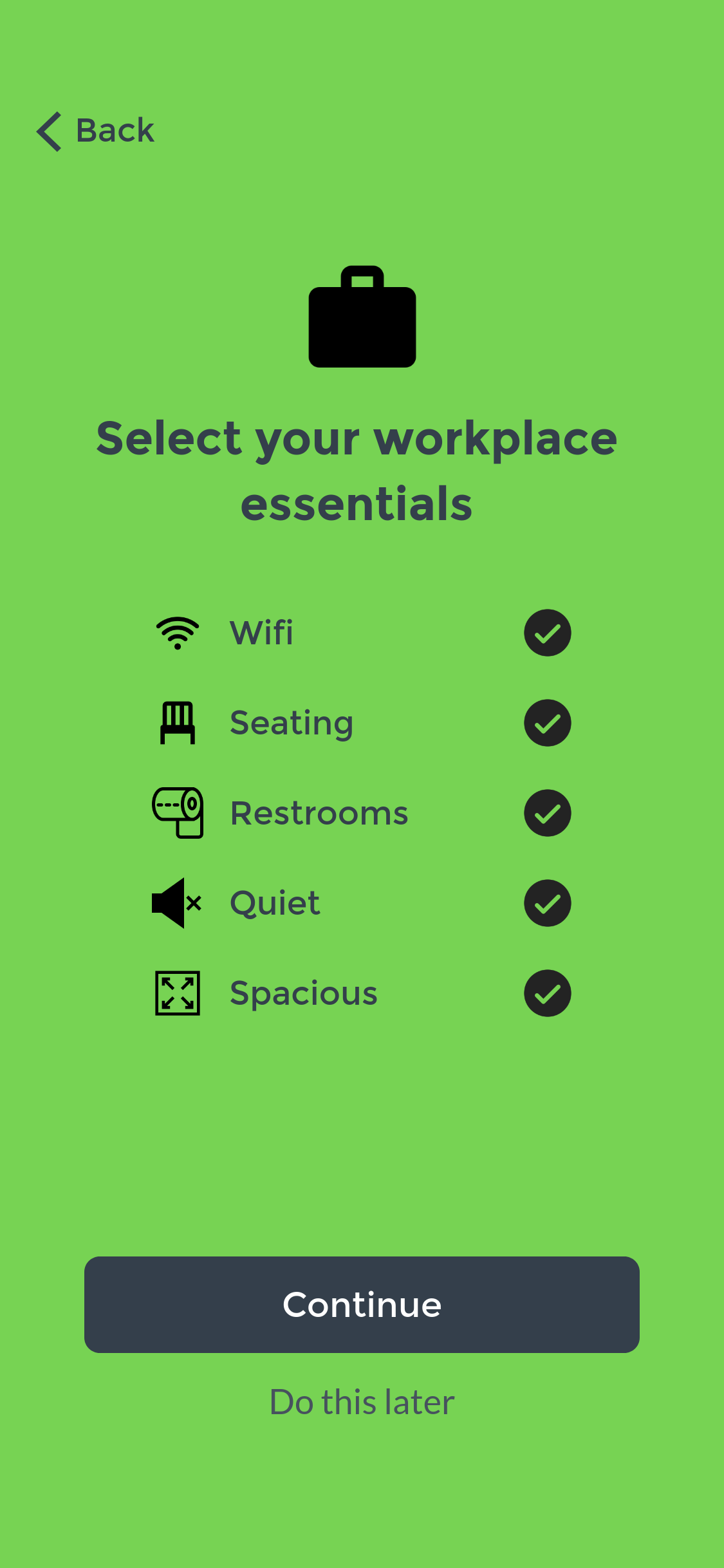 Essentials checklist with several needs selected.