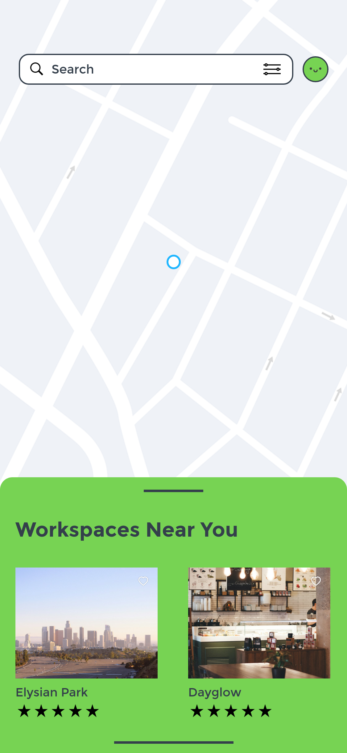 Map of nearby workspaces, with photo cards for Elysian Park and Dayglow.