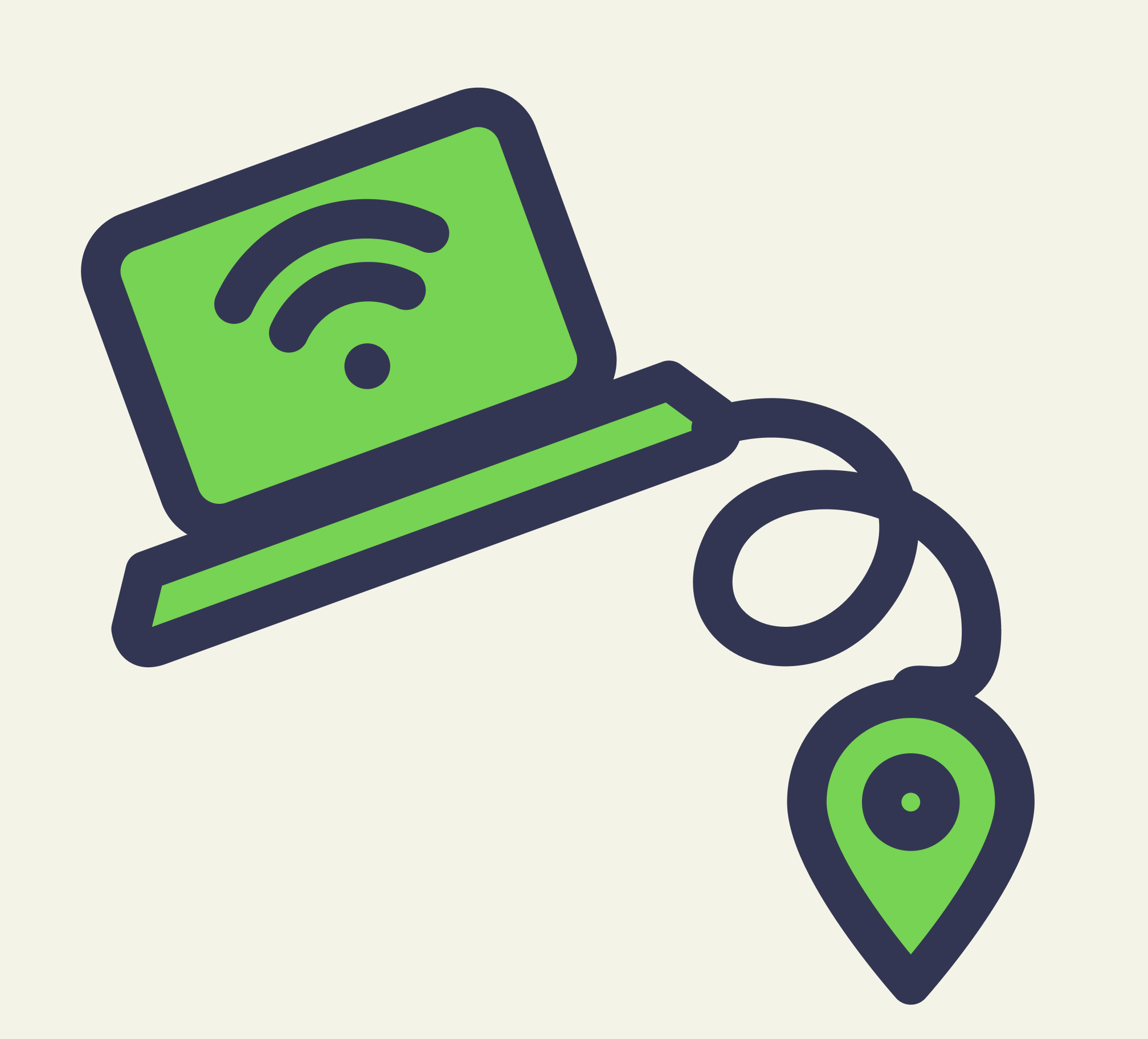 PostUp illustration: a laptop whose power cord loops out and ends in a map pin.