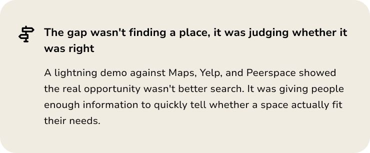 Insight: The gap wasn't finding a place, it was judging whether it was right. A lightning demo showed the opportunity was giving people enough information to tell whether a space fit their needs.