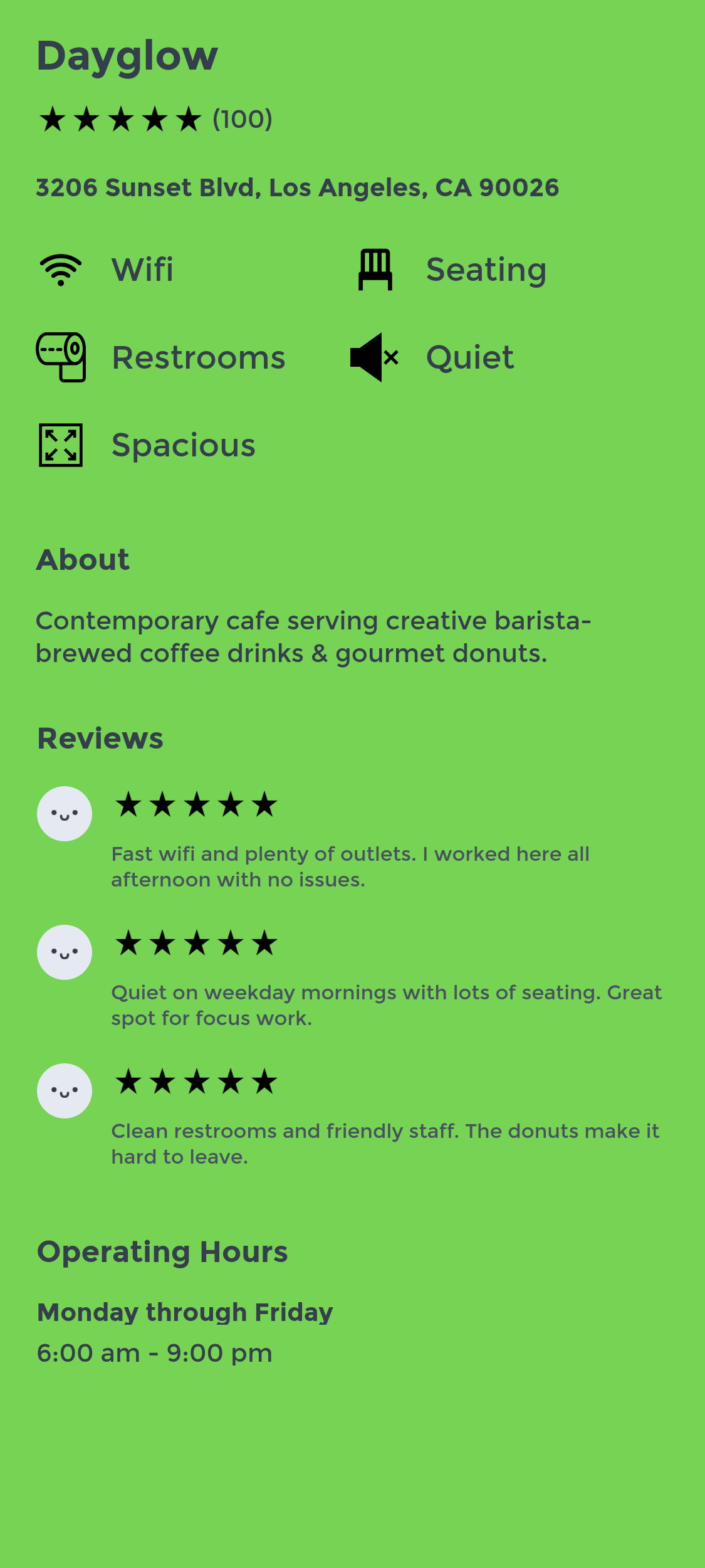 Workspace detail page showing amenities, reviews, and hours.