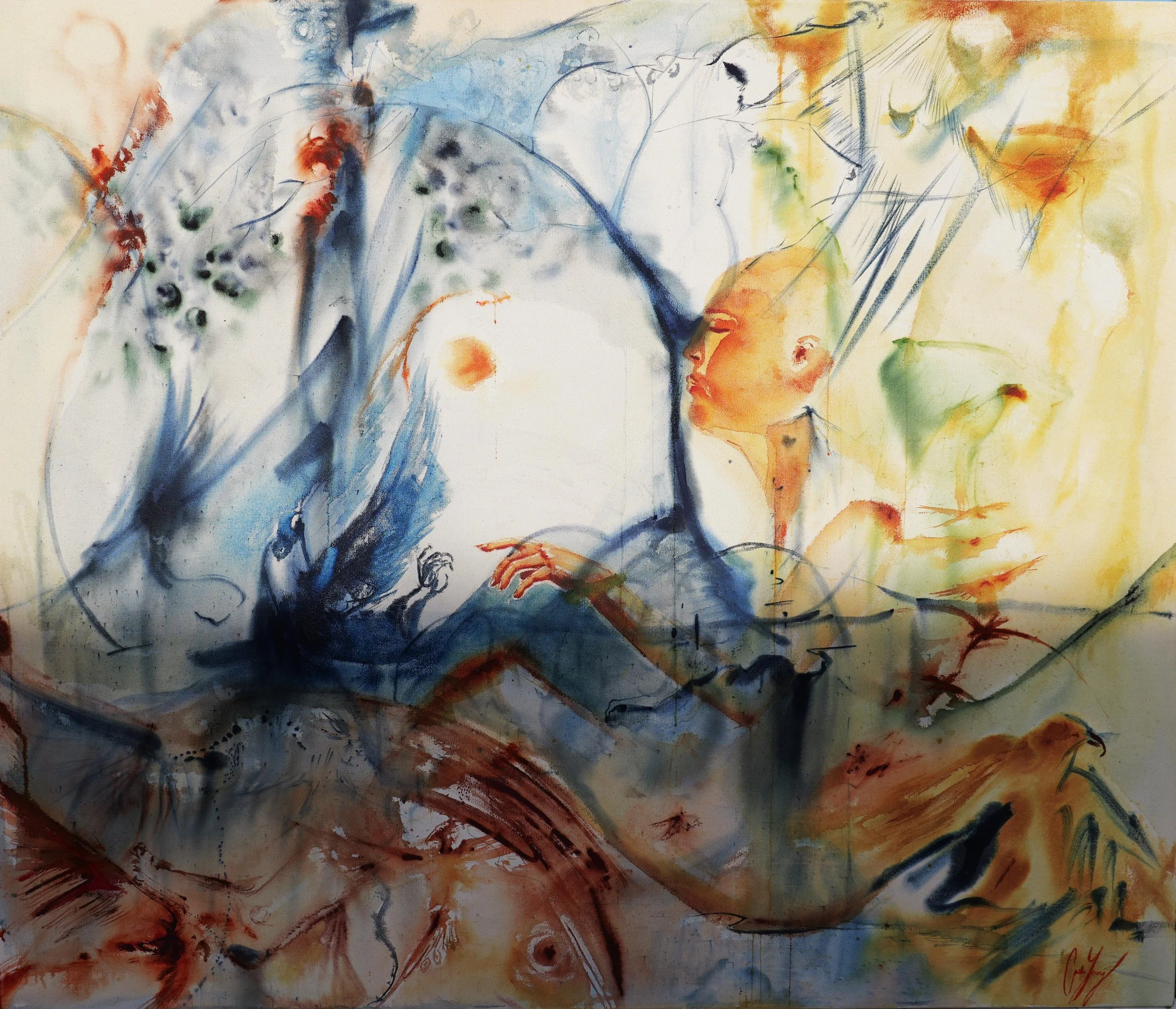 An abstract watercolor painting with splashes of blue, orange, yellow, and red, featuring loose lines and shapes that suggest a face or figures.