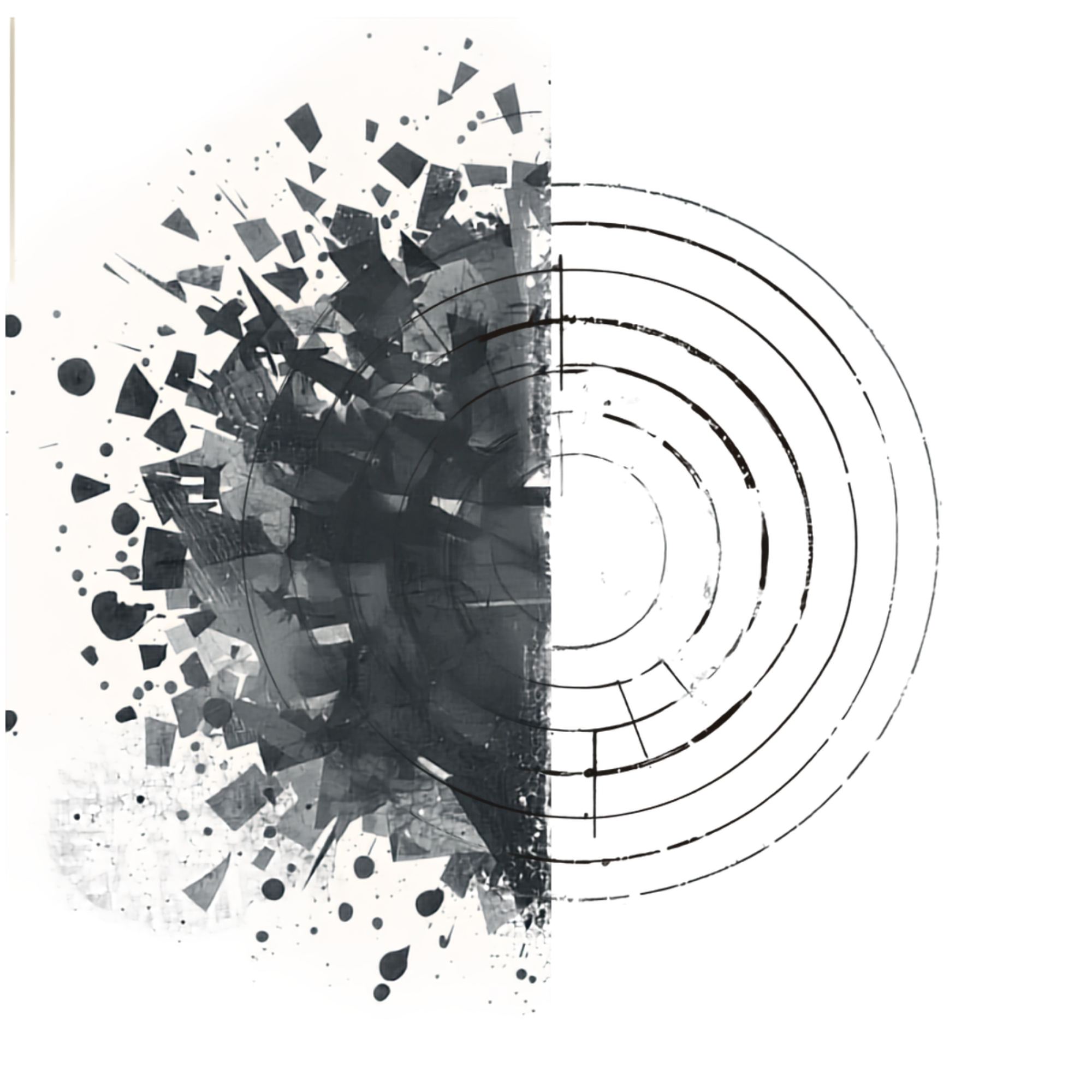 Abstract black and white artwork featuring dispersed geometric shapes and concentric circles on a white background.