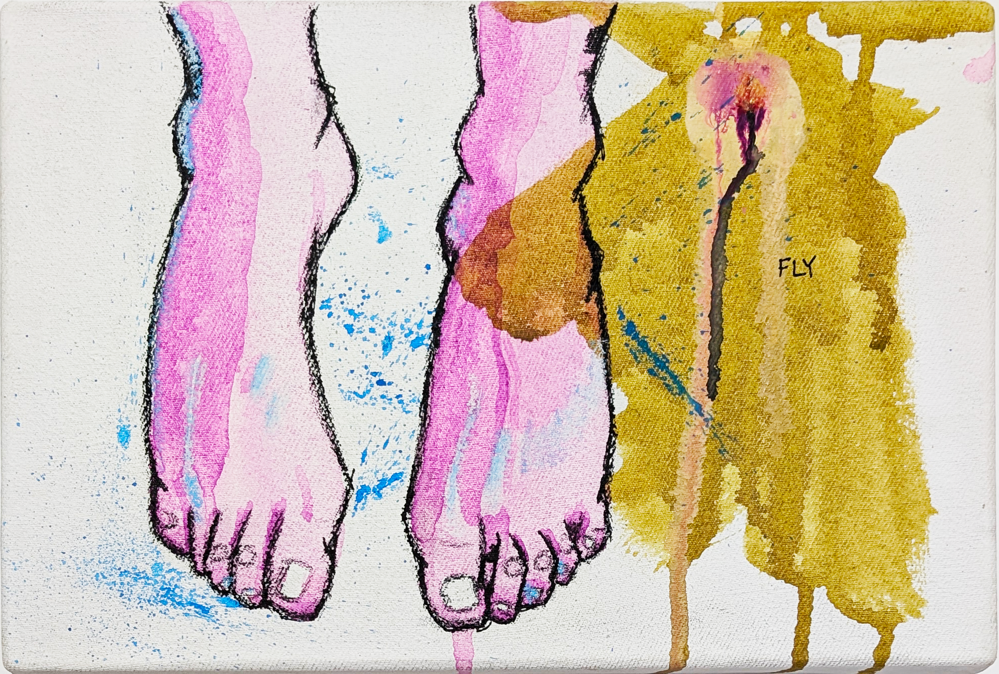 A glazing technique painting depicting feet with a pinkish hue, outlined in black, with a background of splattered blue and yellow paint. The word "FLY" is written in black on the right side of the painting.
