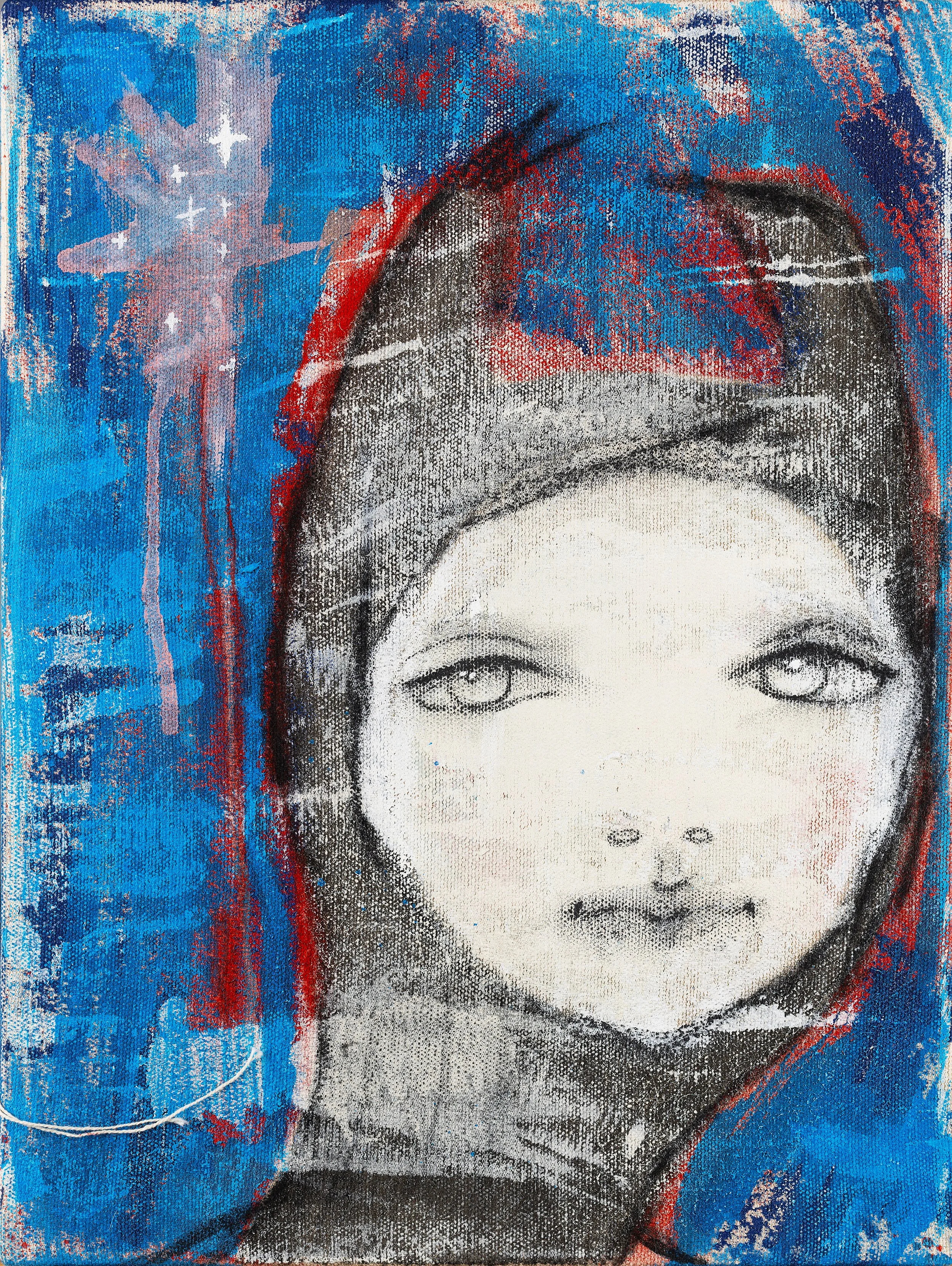 Portrait artwork of an androgynous face, with drew and blue background with star elements and a white string.