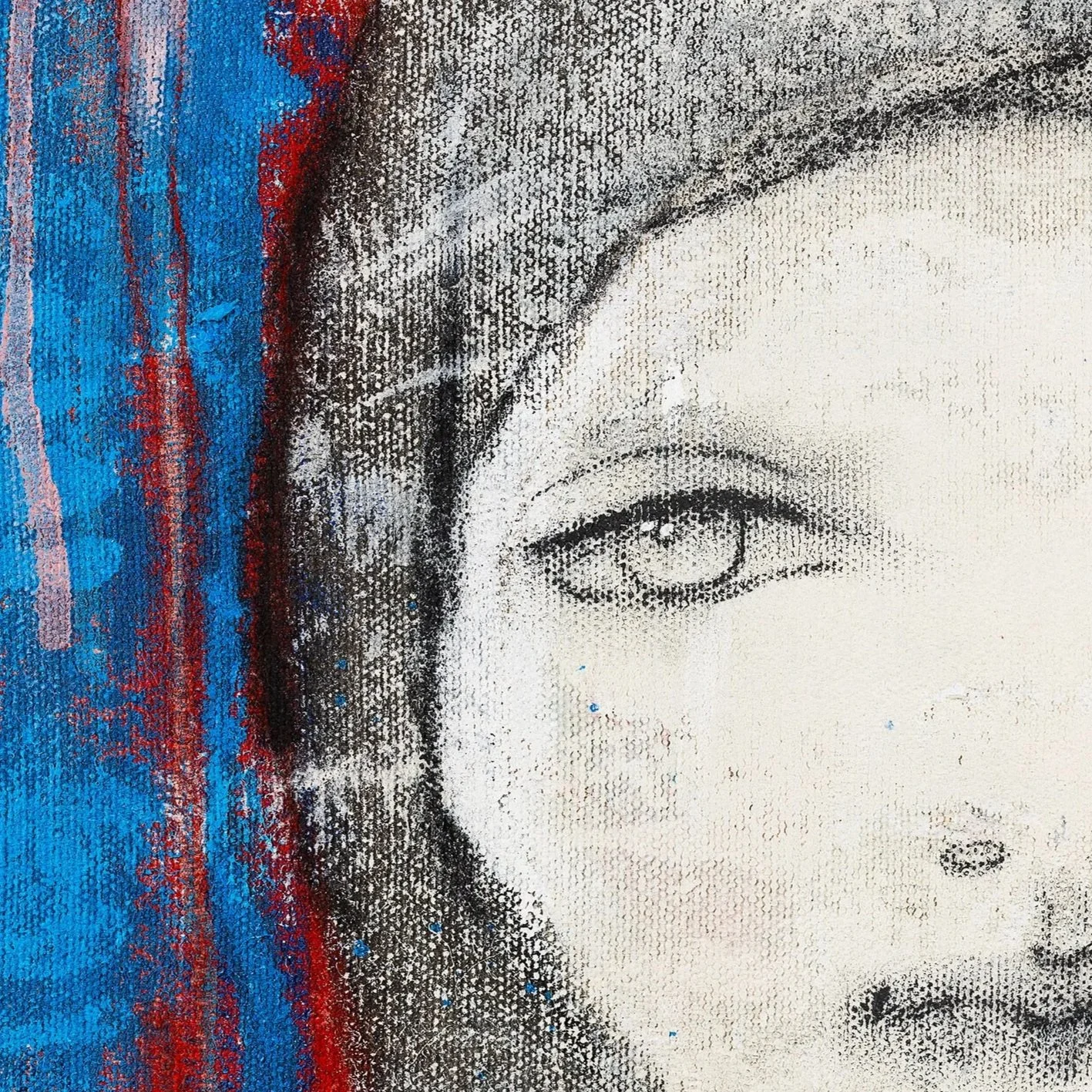 Close-up of a textured portrait artwork of an androgynous face, showing one eye and part of their covered head, with red and blue paint streaks on the left side.