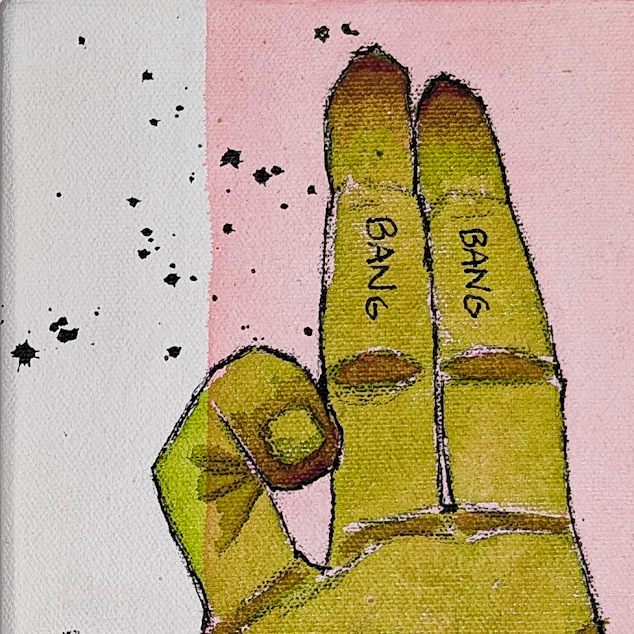 Close-up of a glazing technique depicting a part of a hand with 2 extended fingers. The words 'BANG, BANG' are written on the index and middle fingers, and the background has a pink and white gradient with black star-like specks.