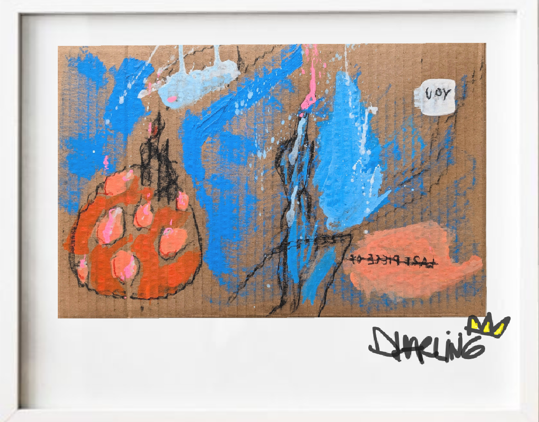 Naif-style abstract painting with a brown background, featuring an orange round figure with pink circles in it, blue and black lines, and the words "YOU," "LAST PIECE OF" written backwards and crossed out,  and artist Dharma Dharling's signature.
