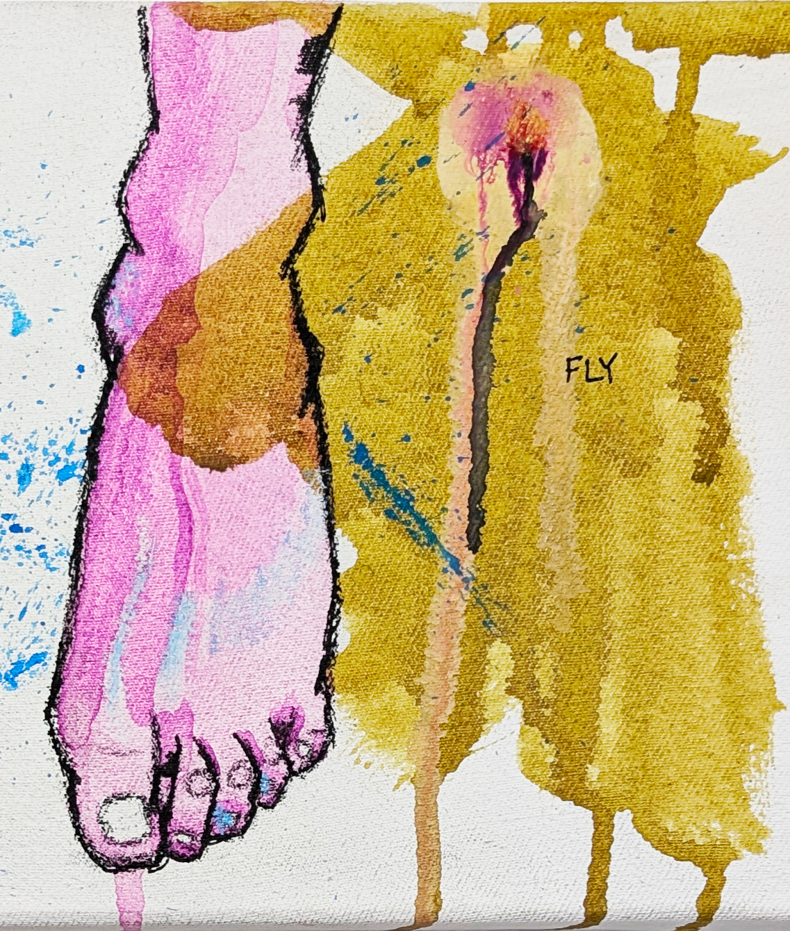 Close-up of a glazing technique painting of a human foot on the left and an amber glazing spot labeled 'FLY' on the right, with abstract splashes of paint in pink, blue, and brown.
