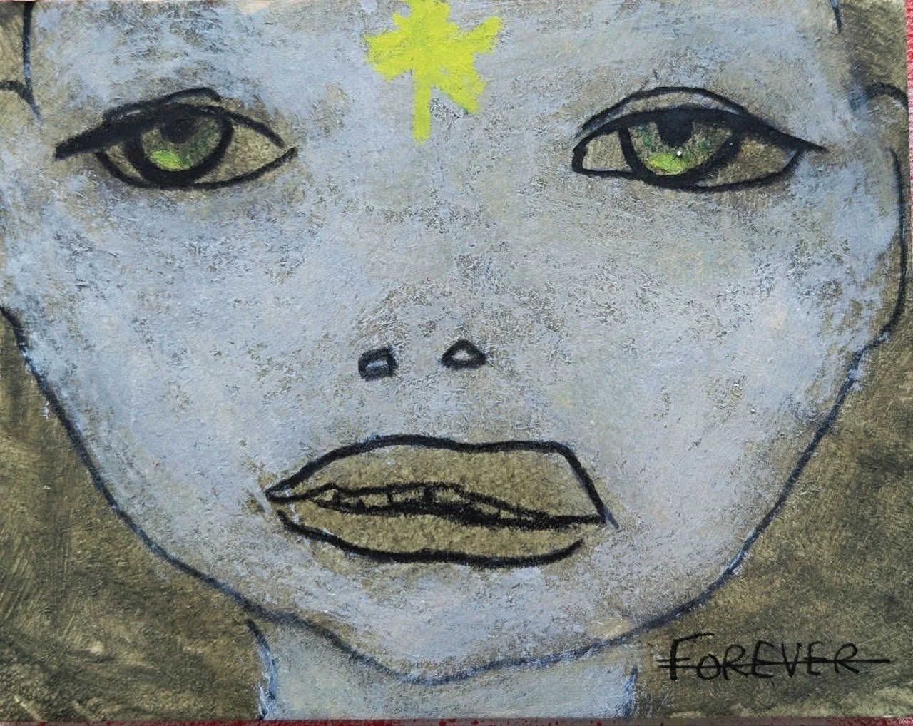 A painting of a face with green eyes, a yellow symbol on the forehead, and the word 'FOREVER' written in the bottom right corner.