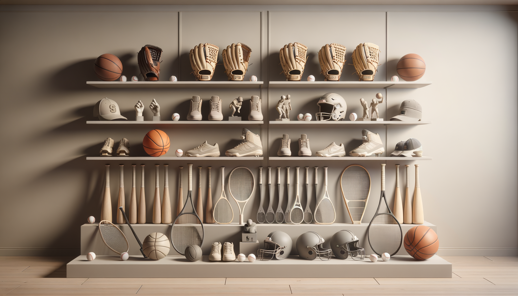 Display of sports equipment including basketballs, baseball gloves, bats, sneakers, tennis rackets, football helmets, and various figurines.
