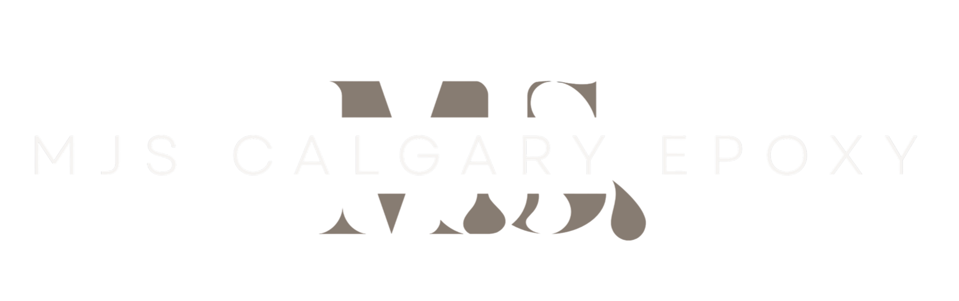 The logo features the words 'MJS Calgary Epoxy' with a stylized letter 'M' at the top and abstract shapes around the text, set against a black background.