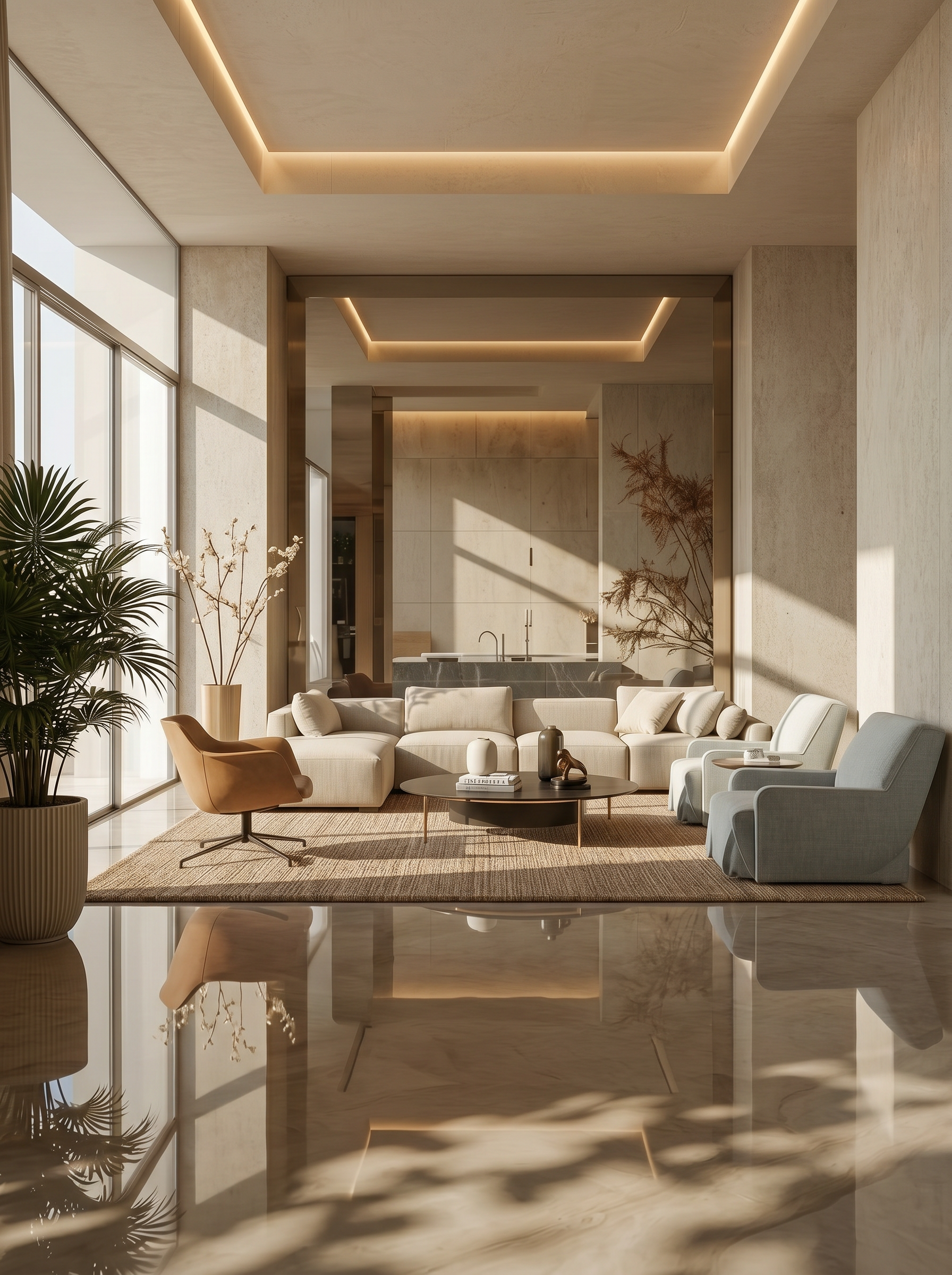 Stylish living room with modern furniture, including a beige sofa, armchairs, and a black coffee table, illuminated by natural sunlight and subtle ceiling lighting, with large windows and decorative plants.