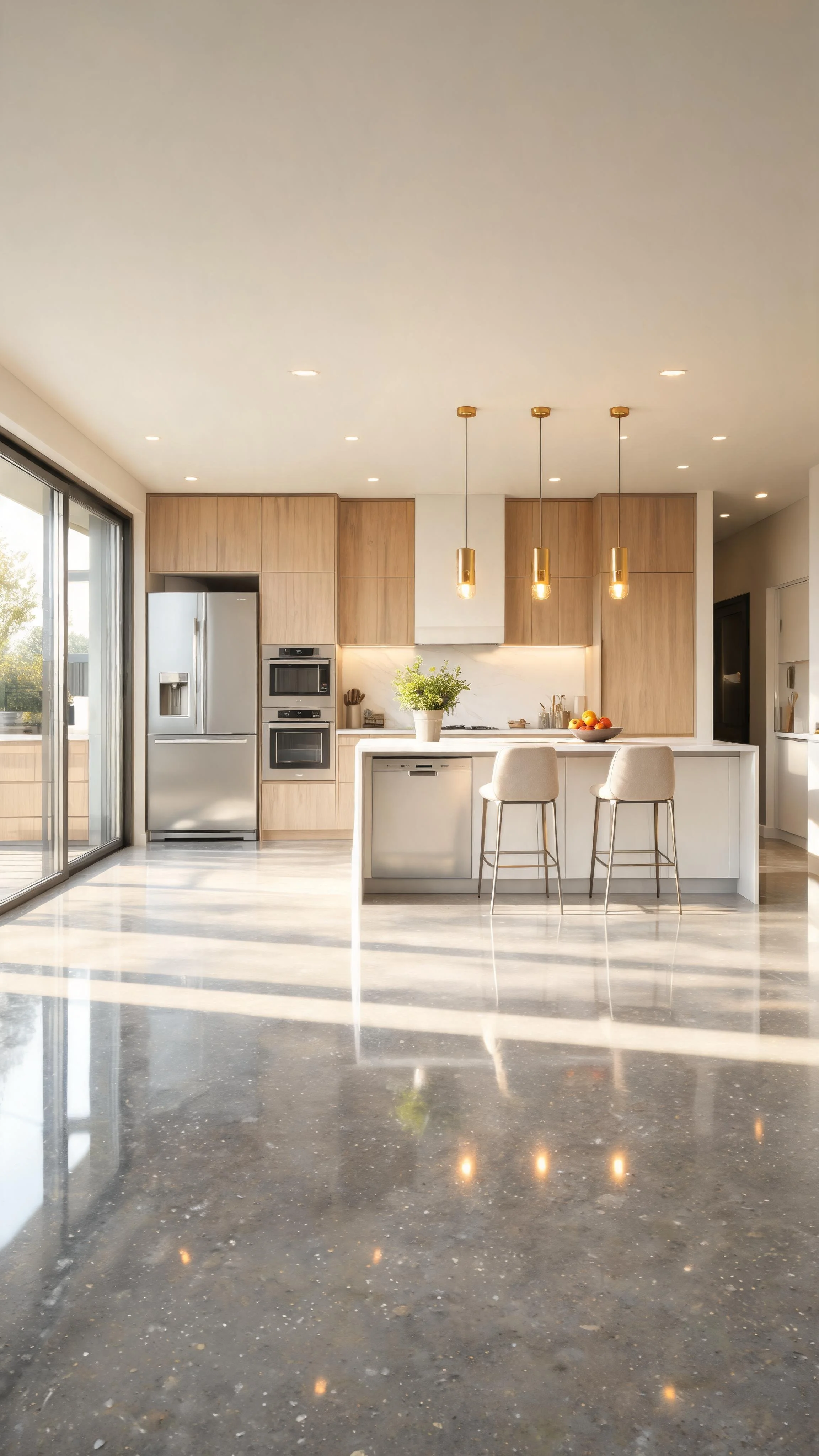 Modern kitchen with wooden cabinets, stainless steel refrigerator, built-in oven, white island with two beige bar stools, pendant lights, and sliding glass door.