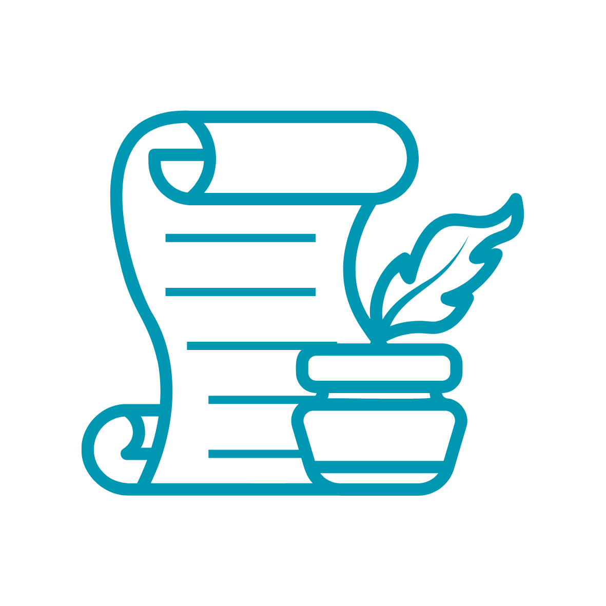 Outline illustration of a scroll and a feathered quill.