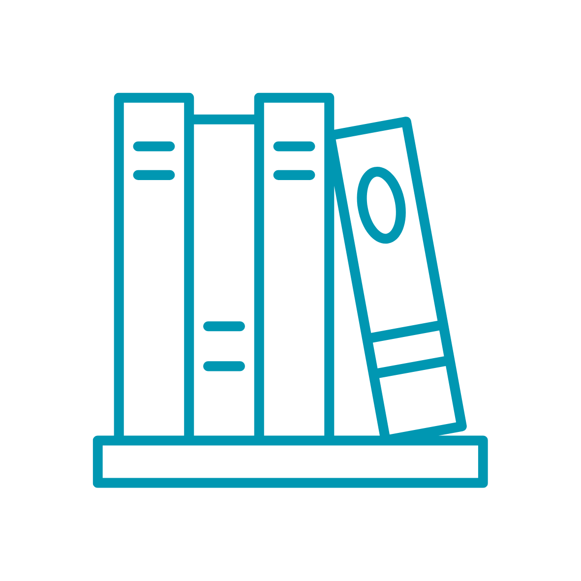 Line art illustration of five books on a shelf, with one leaning on the others.