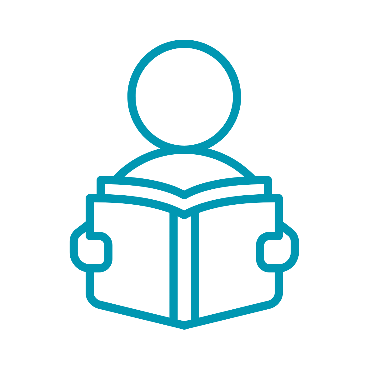 Outline illustration of a person reading a book, holding it with both hands.