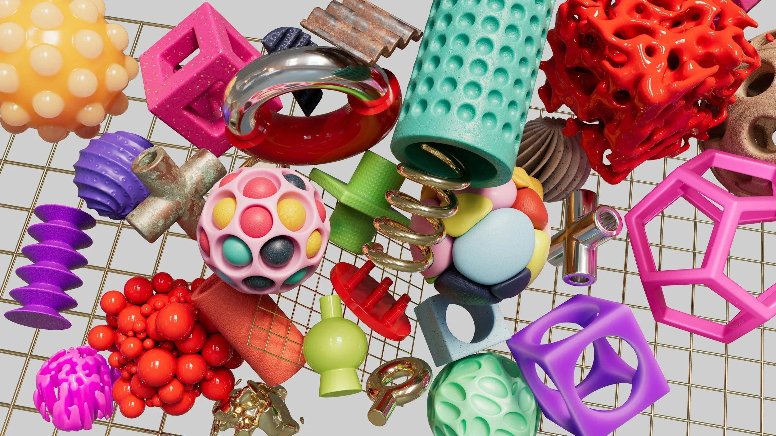 Colorful abstract 3D objects with various shapes and textures on a gold grid surface.