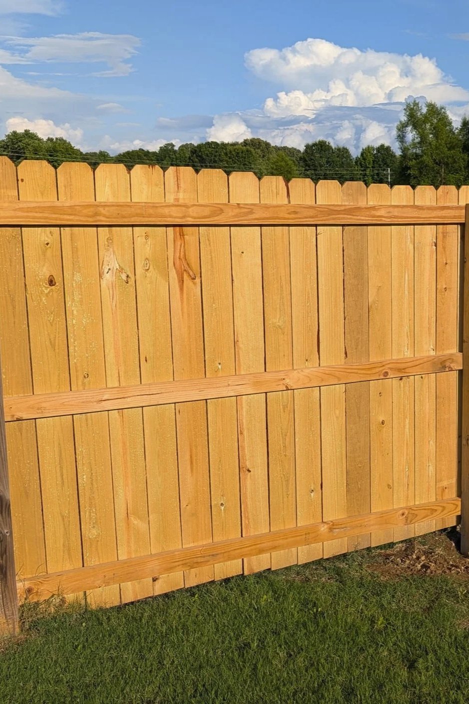 A close-up view of a newly installed wooden fence with vertical planks, horizontal support beams, and a decorative top edge, outdoors on a sunny day with green grass and trees in the background.