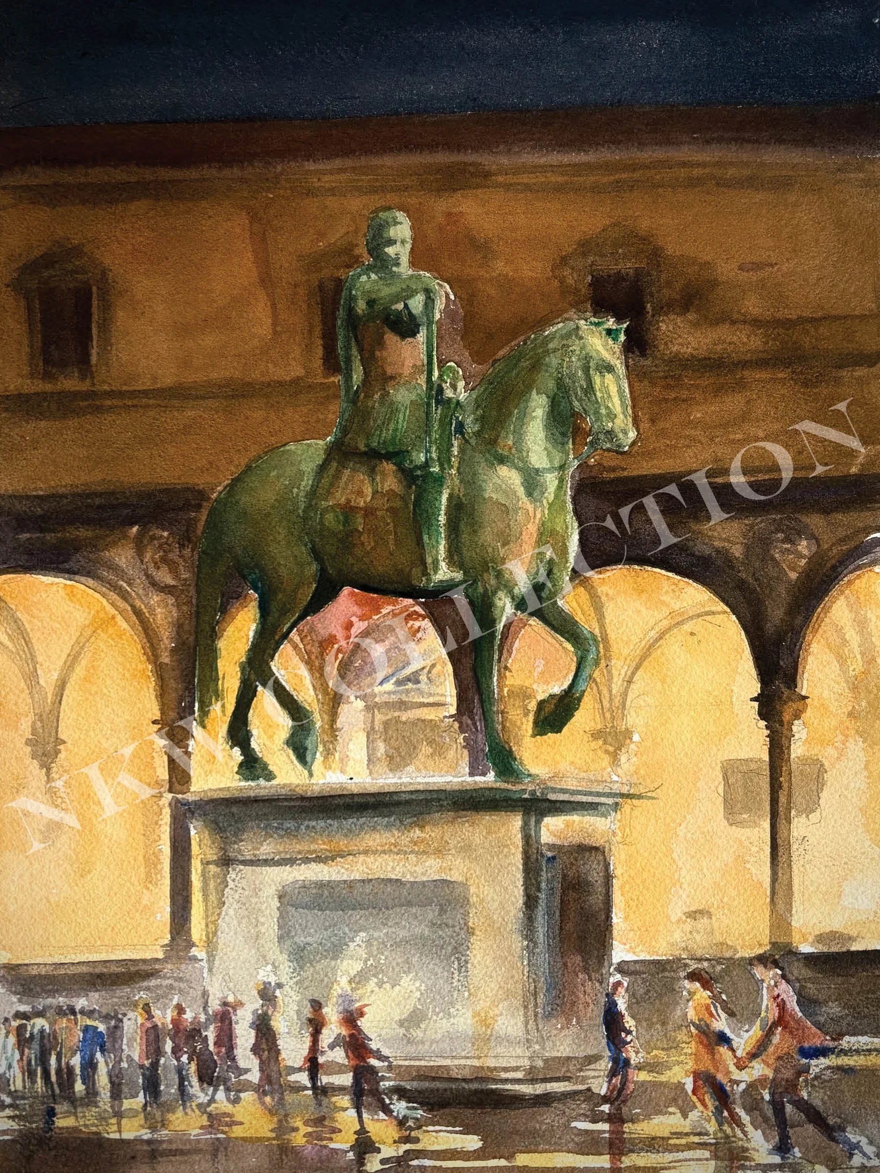 Watercolor illustration of a monumental green equestrian statue above a city square, with pedestrians gathered below.