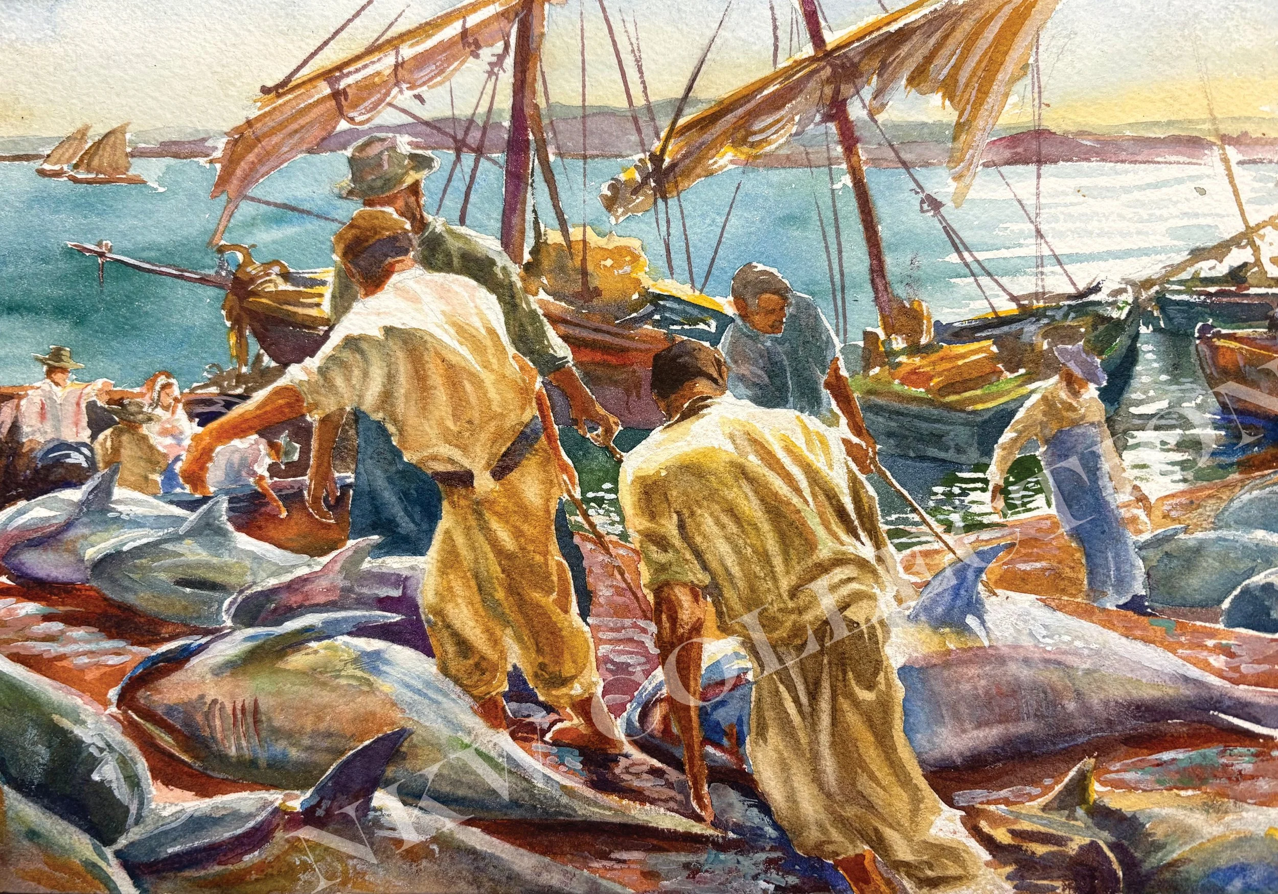 Watercolor painting of fishermen working aboard wooden sailboats in choppy coastal waters.