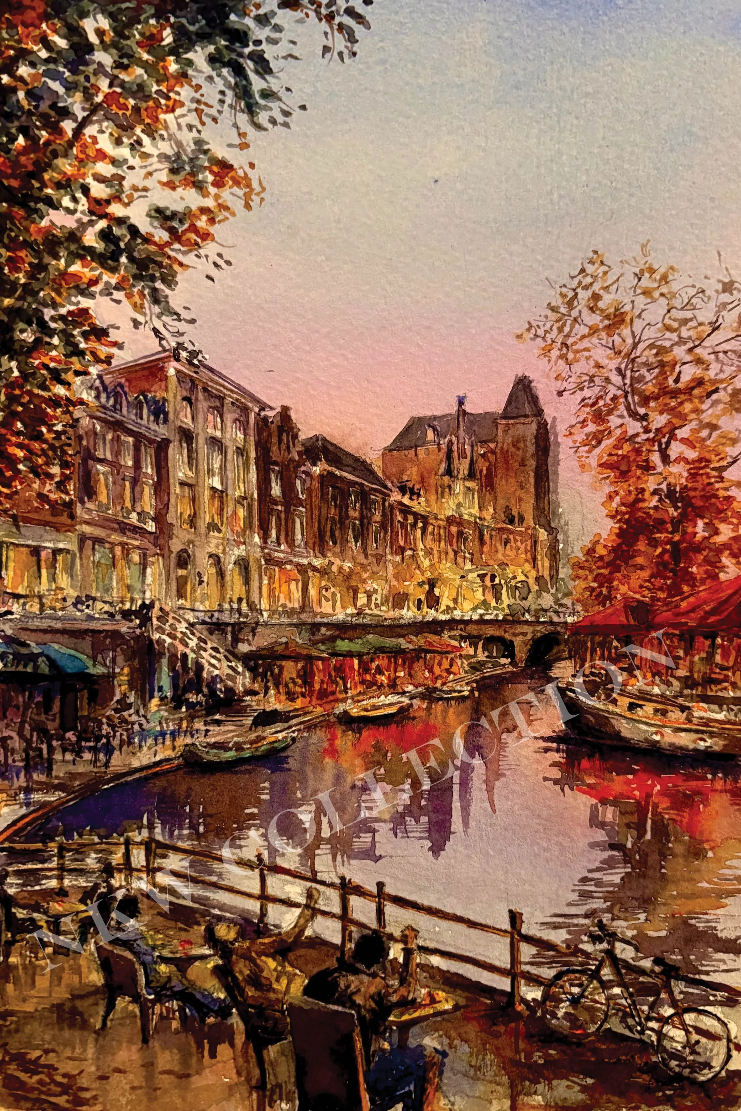 Impressionist watercolor painting of a European riverside city with autumn trees, historic buildings, and reflections in the water