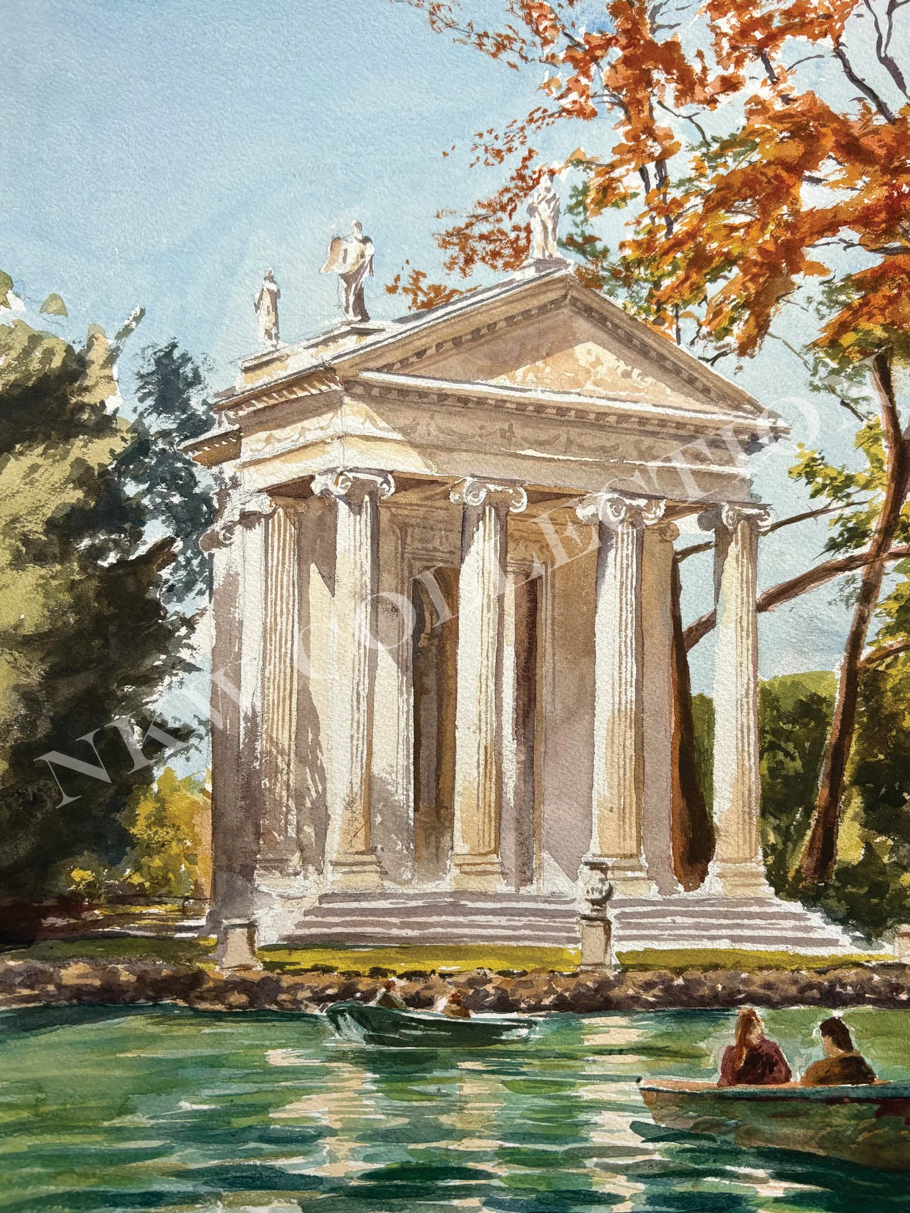 Watercolor illustration of a neoclassical temple with columns beside a lake, surrounded by autumn trees and a rowboat.