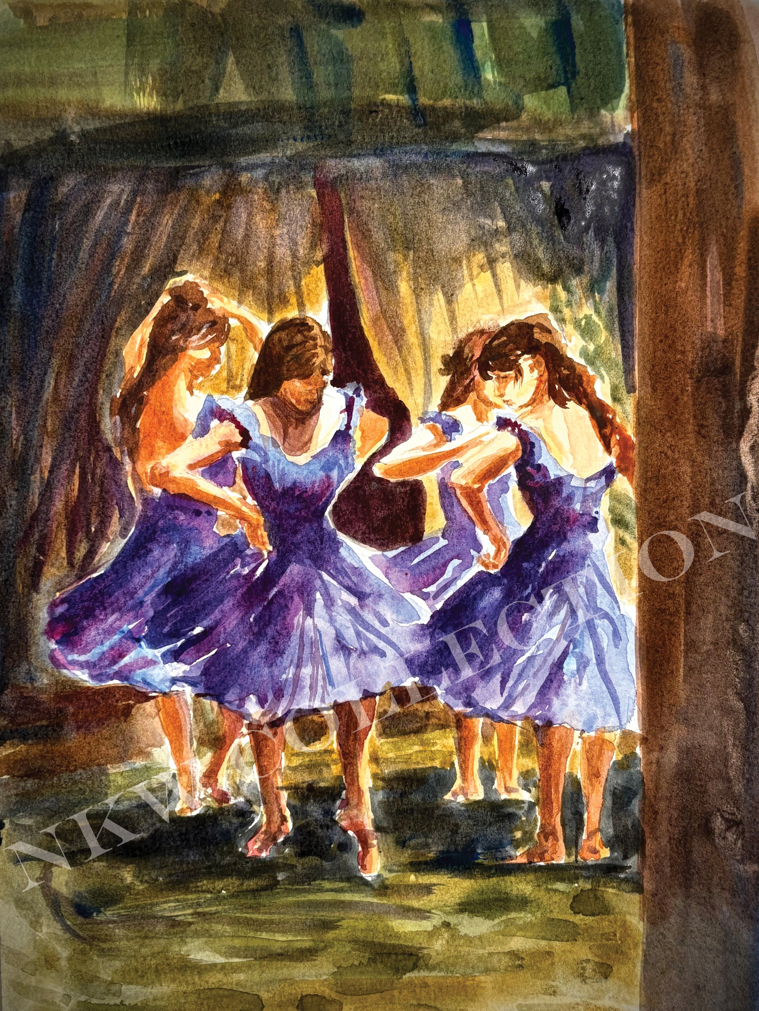 Watercolor painting of three seated people in colorful clothing, including a central figure in a purple dress, on a dark green background.