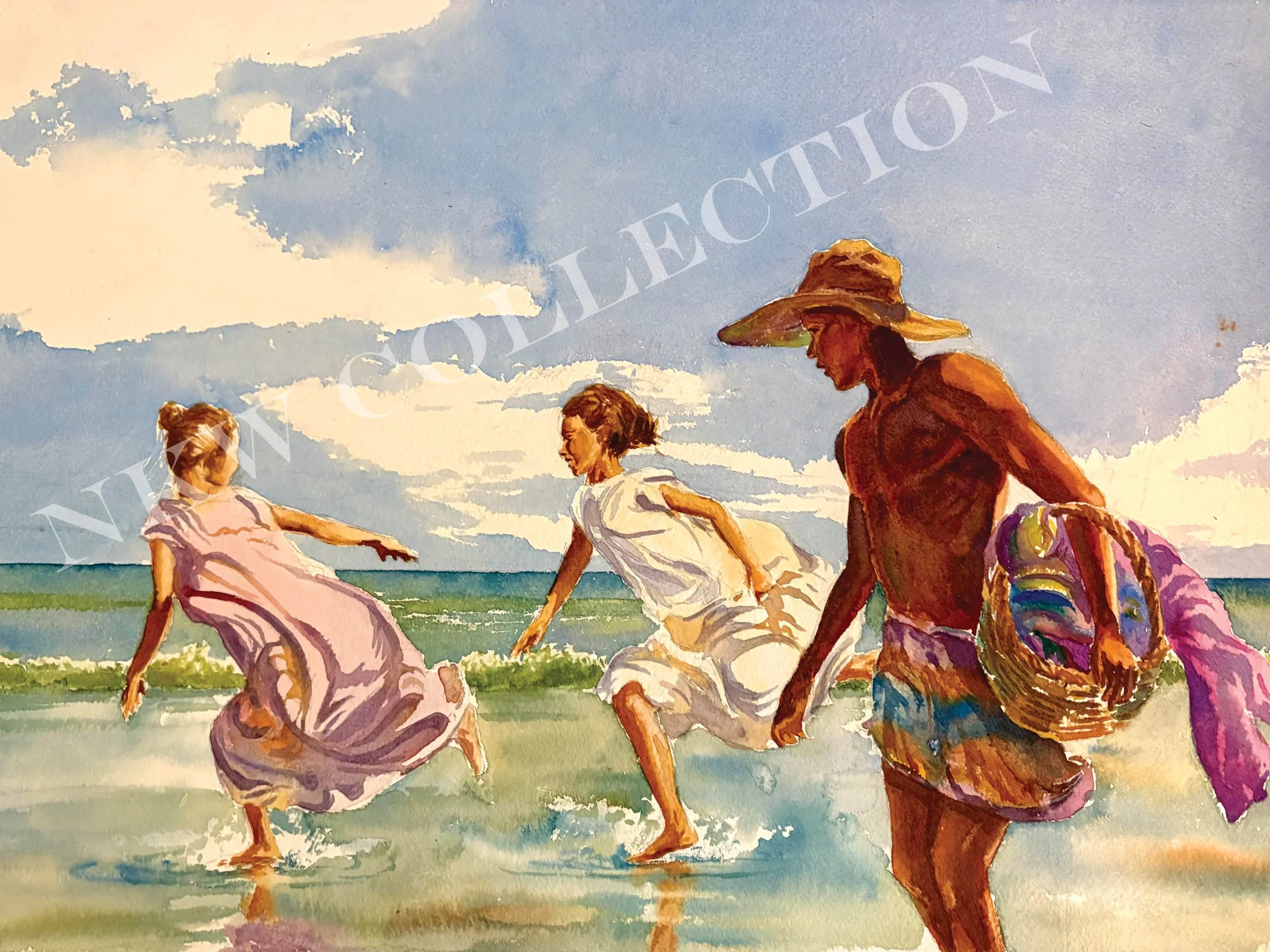 Watercolor illustration of four people in colorful clothing running along a beach beneath a blue sky.