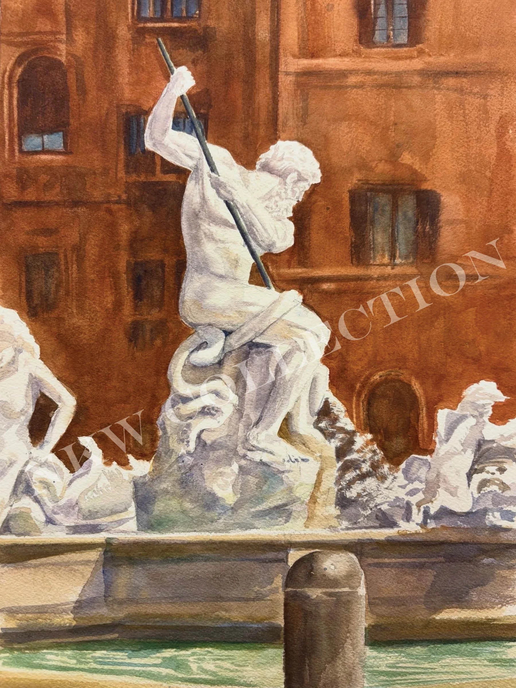 Watercolor illustration of a white-clad figure holding a long pole before a warm brown architectural backdrop, with other figures partially visible.