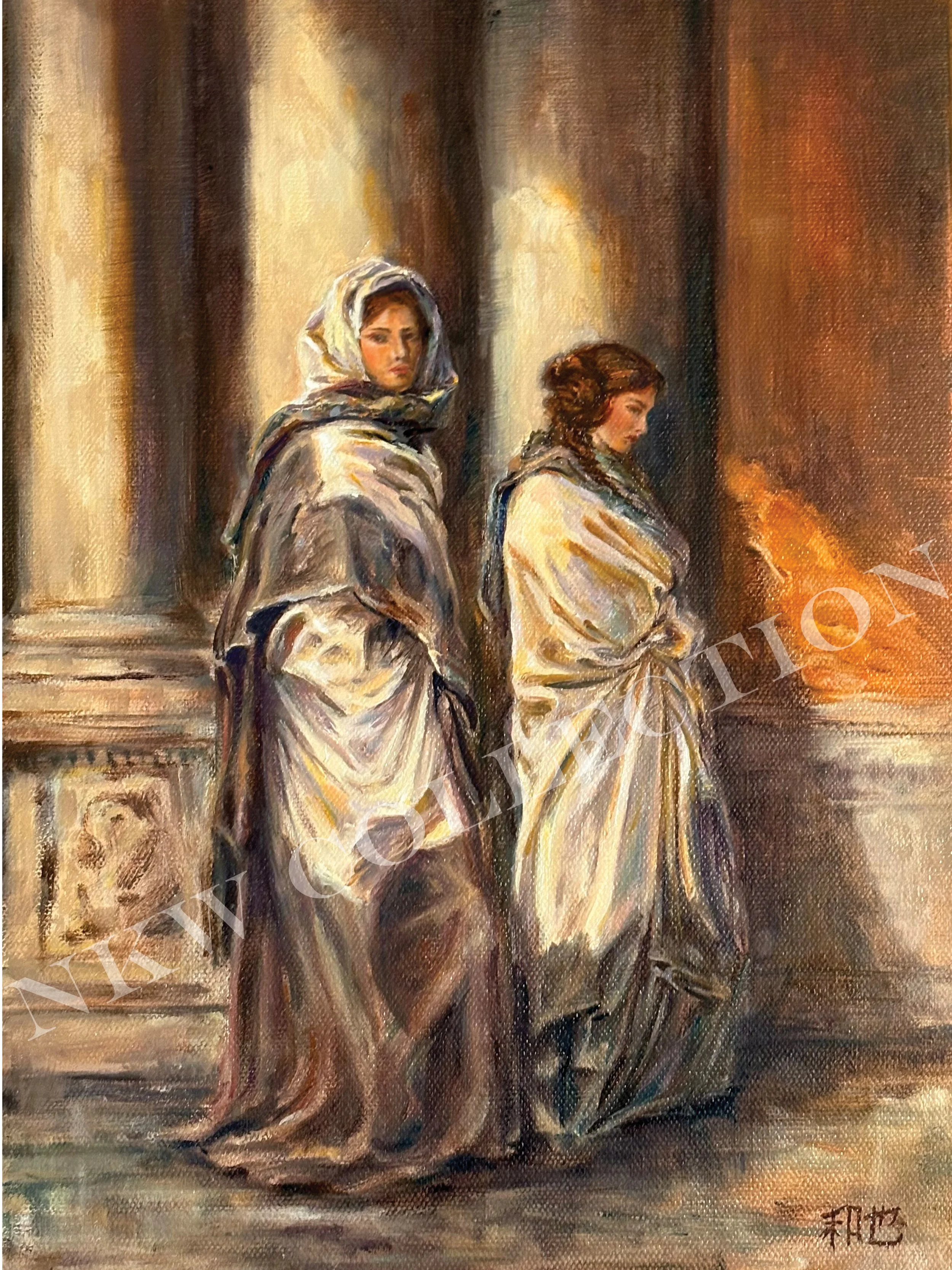 Oil painting of two women in shawls standing before tall classical columns