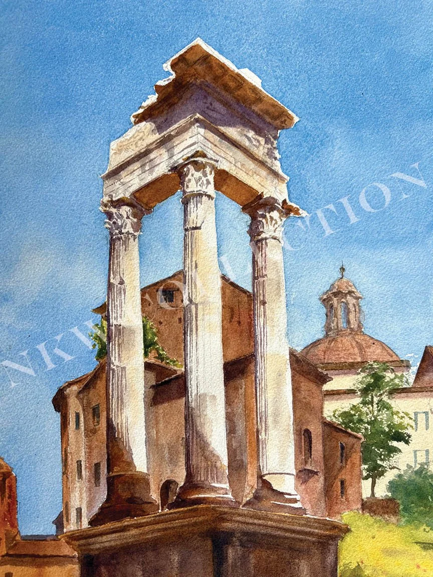 Watercolor painting of four ancient Roman Corinthian columns supporting a triangular temple pediment, with historic buildings and a domed bell tower beneath a bright blue sky