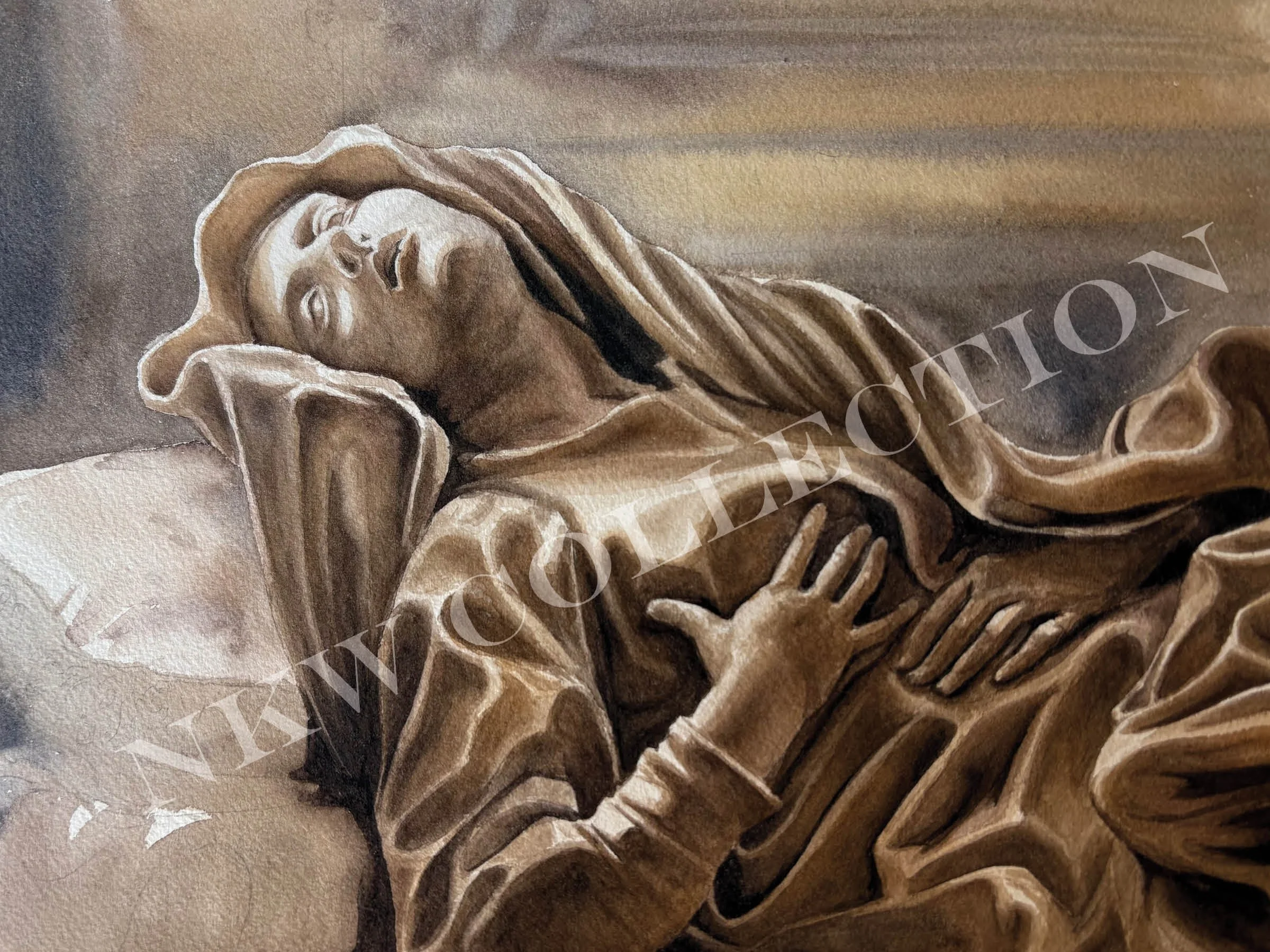 Sepia-toned illustration of a sleeping baby nestled in a shawl, with a faint watermark across the image