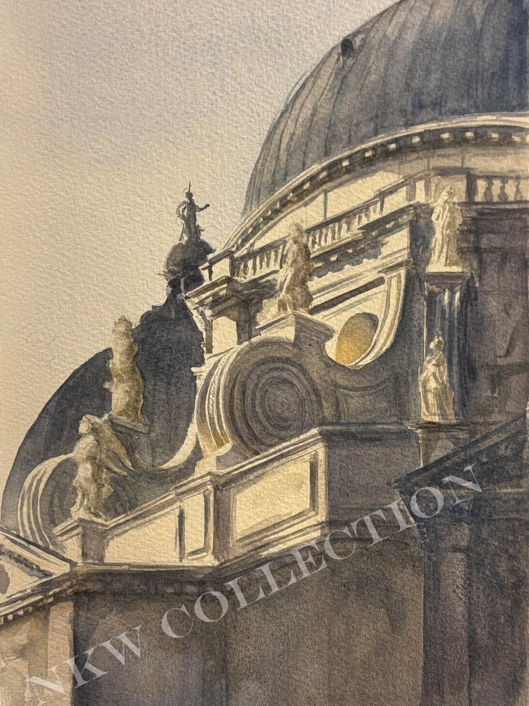 Watercolor architectural illustration of an ornate domed building with classical statues, balustrades, and decorative stonework