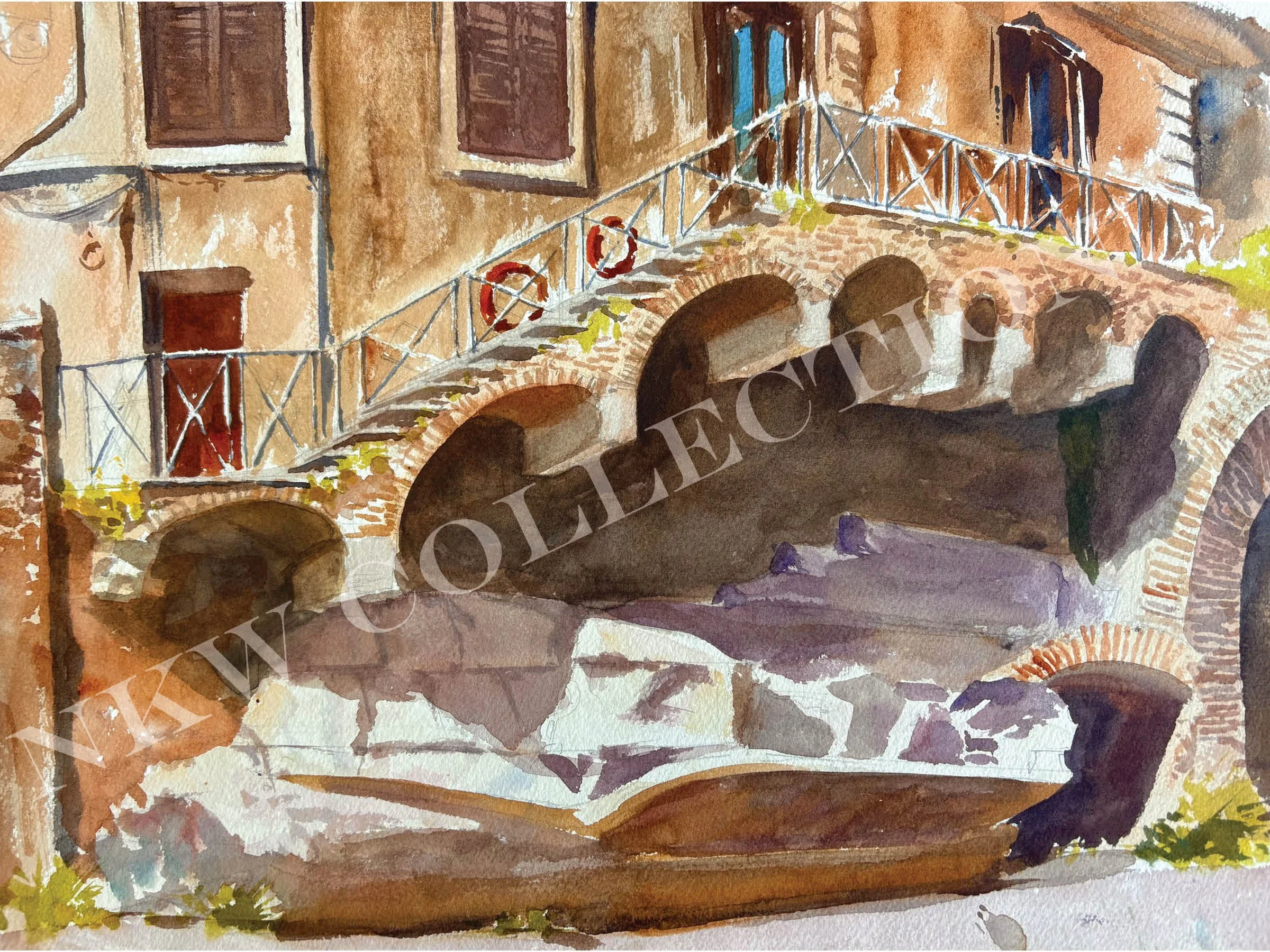 Watercolor painting of an old stone bridge with arched openings, metal railings, and adjoining historic buildings
