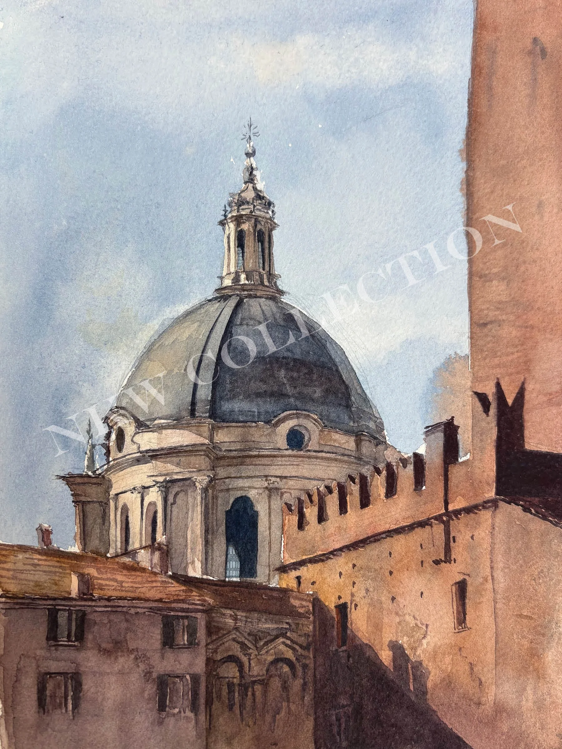 Watercolor painting of a historic domed church with an ornate lantern and spire, surrounded by warm-toned urban buildings.